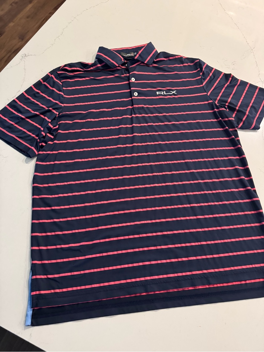 RLX Ralph Lauren Navy and Pink Striped Performance Polo